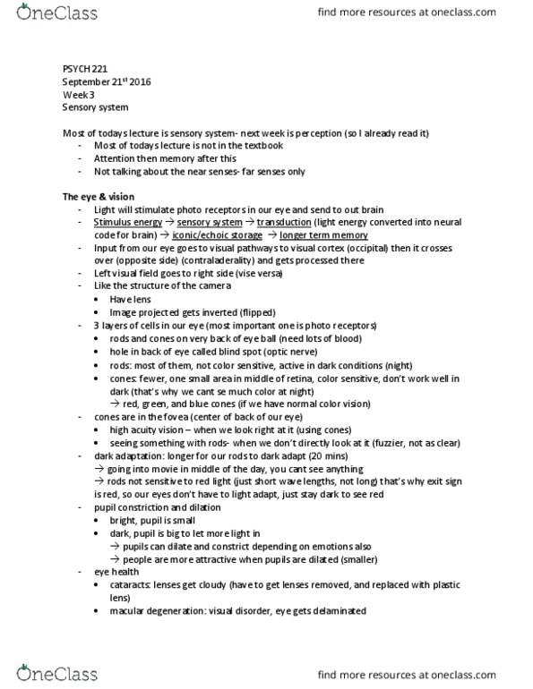 PSYC 221 Lecture Notes - Lecture 3: Macular Degeneration, Color Vision, Sensory System thumbnail