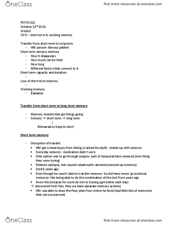 PSYC 221 Lecture Notes - Lecture 6: Long-Term Memory, Sensory Memory, Temporal Lobe thumbnail