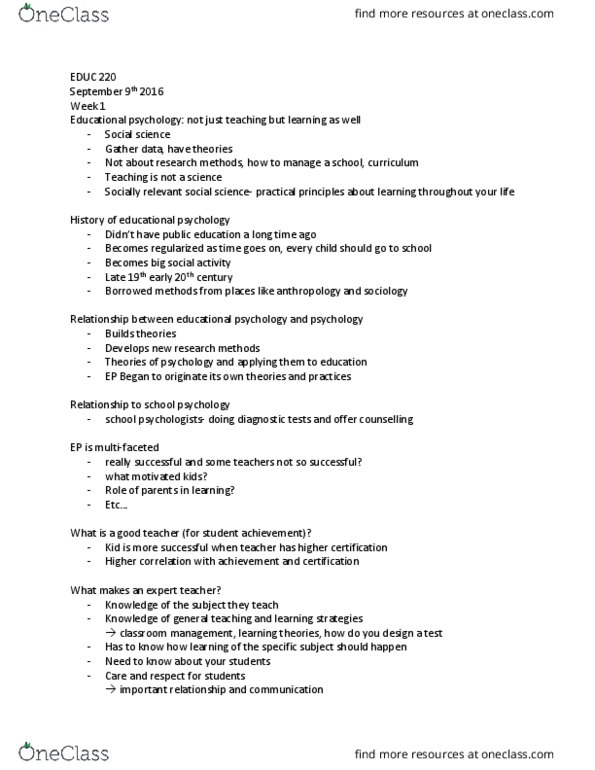 EDUC 220 Lecture Notes - Lecture 1: Educational Psychology, Statistical Significance, Statistical Hypothesis Testing thumbnail