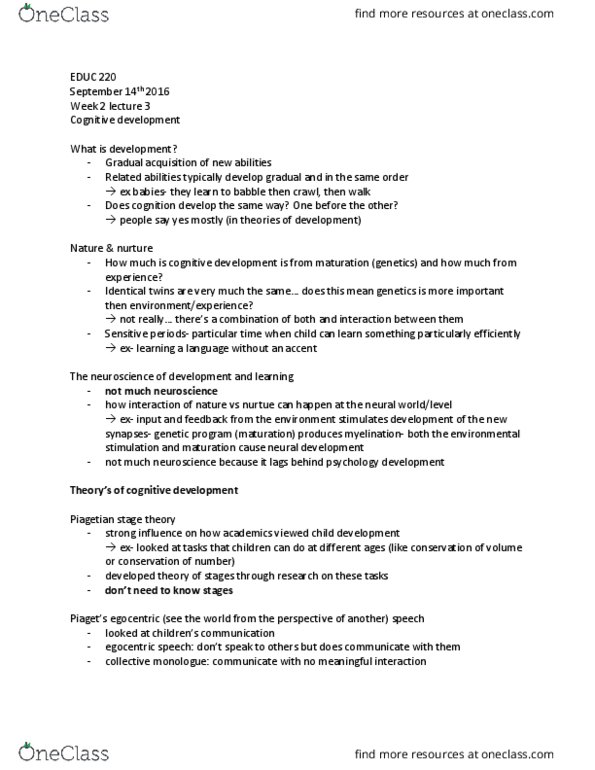 EDUC 220 Lecture Notes - Lecture 2: Neural Development, Critical Period, Lev Vygotsky thumbnail