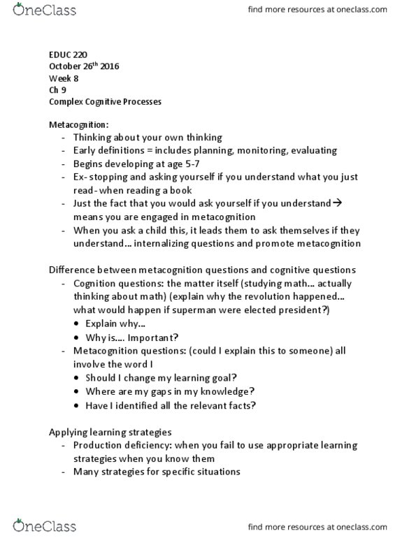 EDUC 220 Lecture Notes - Lecture 8: Metacognition, Problem Solving, Procedural Knowledge thumbnail