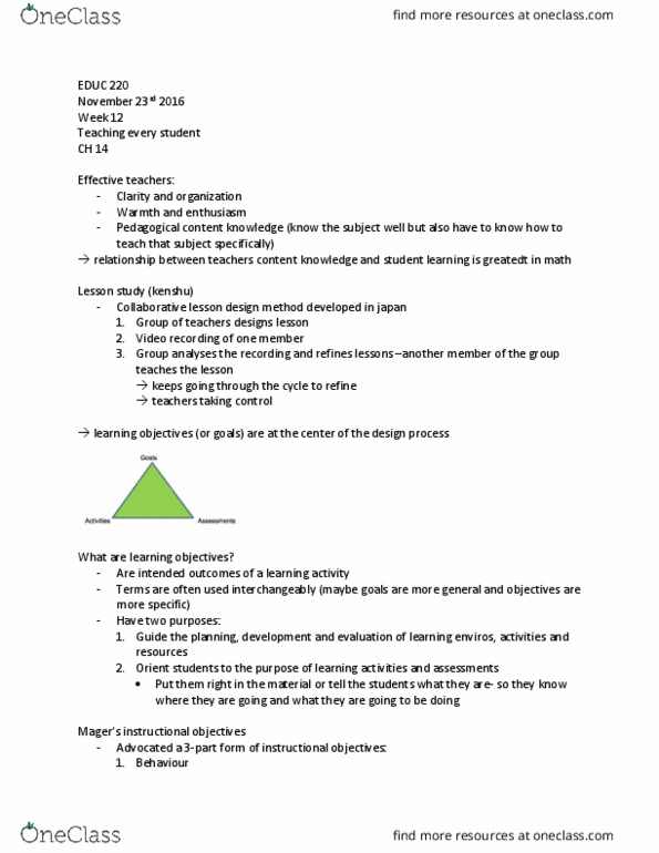 EDUC 220 Lecture Notes - Lecture 12: Instructional Design, Mammal, Direct Instruction thumbnail