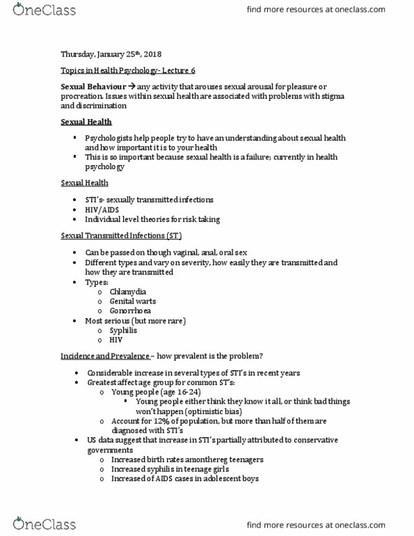 PSYC 3110 Lecture Notes - Lecture 6: Sexually Transmitted Infection, Genital Wart, Gonorrhea thumbnail
