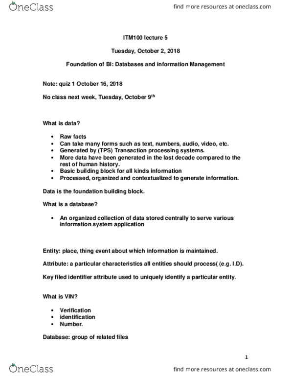 ITM 100 Lecture Notes - Lecture 5: Relational Database Management System, Transaction Processing, Management System cover image