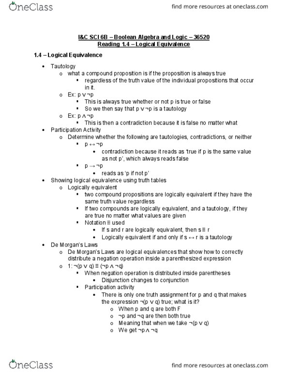 I&C SCI 6B Chapter Notes - Chapter 1.4: Logical Equivalence thumbnail