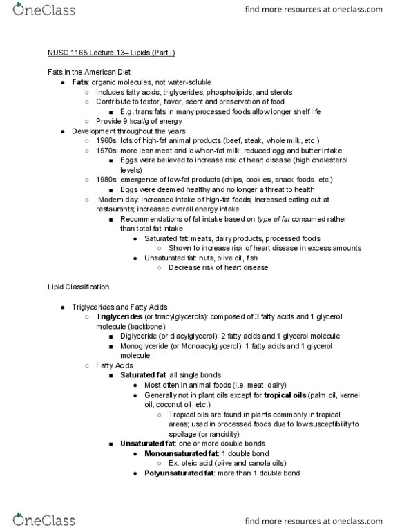 NUSC 1165 Lecture Notes - Lecture 13: Monounsaturated Fat, Coconut Oil, Unsaturated Fat thumbnail