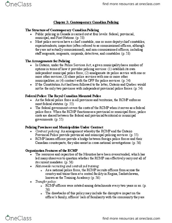 CRM 2305 Chapter Notes - Chapter 3: Royal Canadian Mounted Police, Ontario Provincial Police, Police Services Act Of Ontario thumbnail