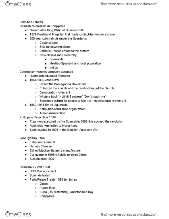 ASAMST 20A Lecture Notes - Lecture 12: Emilio Aguinaldo, Philippine Revolution, Propaganda Movement thumbnail