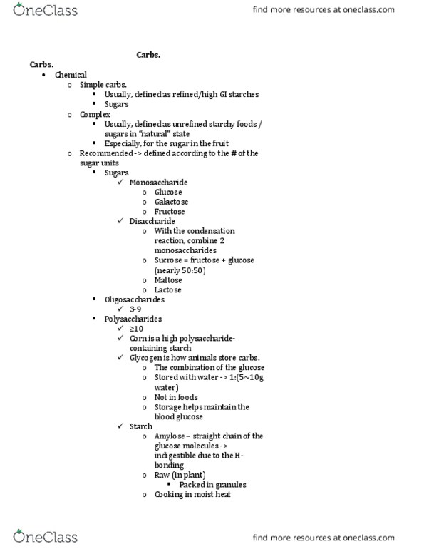 NFS284H1 Lecture Notes - Lecture 3: Blood Sugar, Amylose, Monosaccharide thumbnail