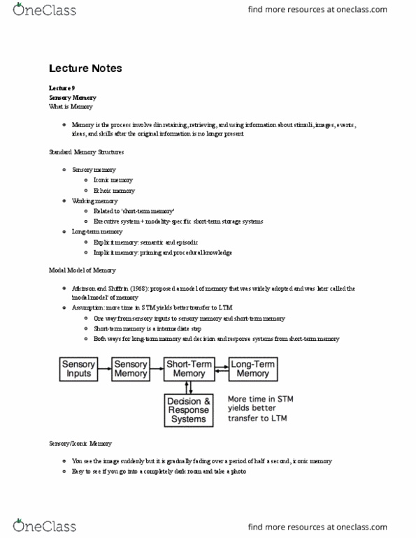 PSY 211 Lecture Notes - Lecture 9: Echoic Memory, Iconic Memory, Sensory Memory thumbnail