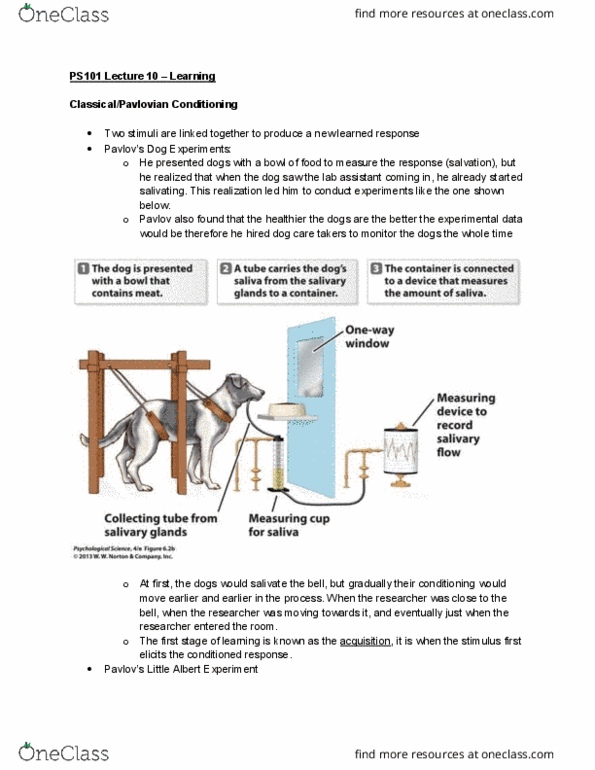 CAS PS 101 Lecture Notes - Lecture 10: Little Albert Experiment, Takers, Operant Conditioning Chamber cover image