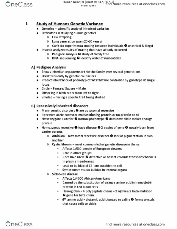 01:119:115 Lecture Notes - Lecture 18: Sickle-Cell Disease, Lethal Allele, Intracellular Parasite thumbnail