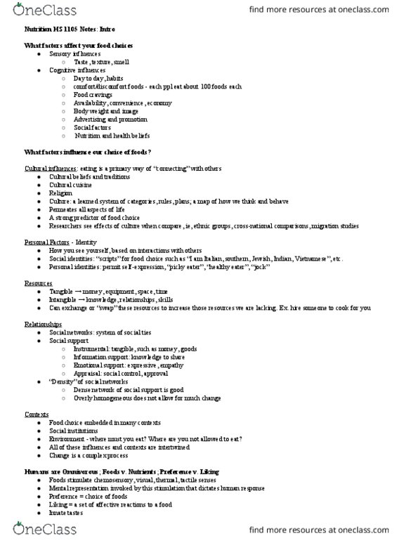 HSCI 1105 Lecture Notes - Lecture 1: Food Choice, Chemoreceptor, Omnivore thumbnail