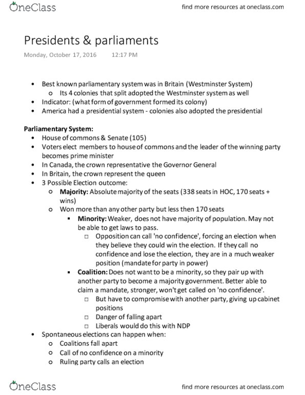 POL101Y1 Lecture Notes - Lecture 3: Westminster System, Presidential System, Supermajority thumbnail