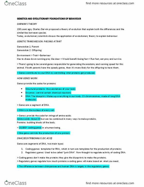 Psychology 1000 Lecture Notes - Lecture 4: Noncoding Dna, Mendelian Inheritance, Phenotype thumbnail