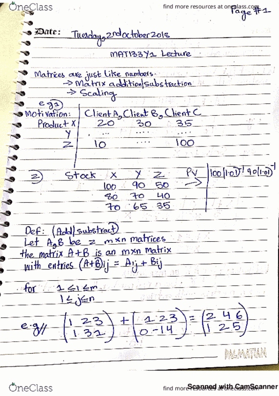 MAT133Y1 Lecture 8: MAT133y 2nd Oct lecture, Matrices Addition/Substraction, Scalar cover image