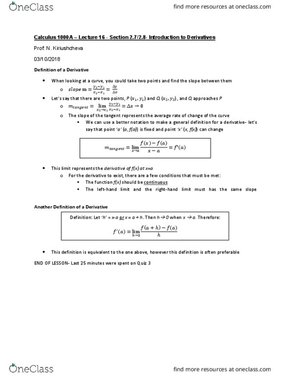 Calculus 1000A/B Lecture 16: Calculus 1000 A -Lecture 16- Section 2.7-2.8 cover image