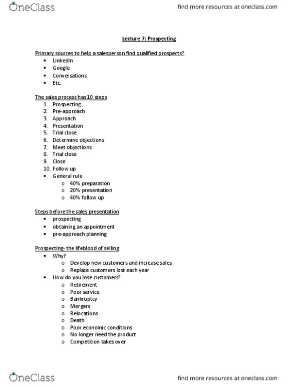 MRKT 455 Lecture Notes - Lecture 7: Lead Generation, Sales Process Engineering, Linkedin thumbnail