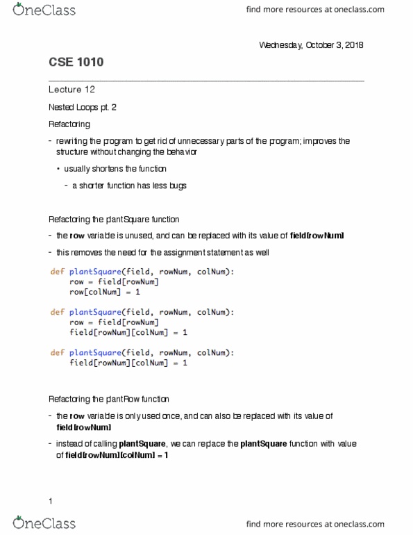 CSE 1010 Lecture 12: Nested Loops part 2, Refactoring cover image