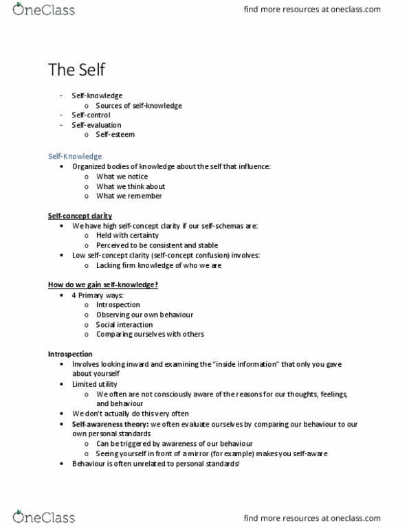 Psychology 2720A/B Lecture Notes - Lecture 4: Narcissism, Social Comparison Theory, Ego Depletion thumbnail