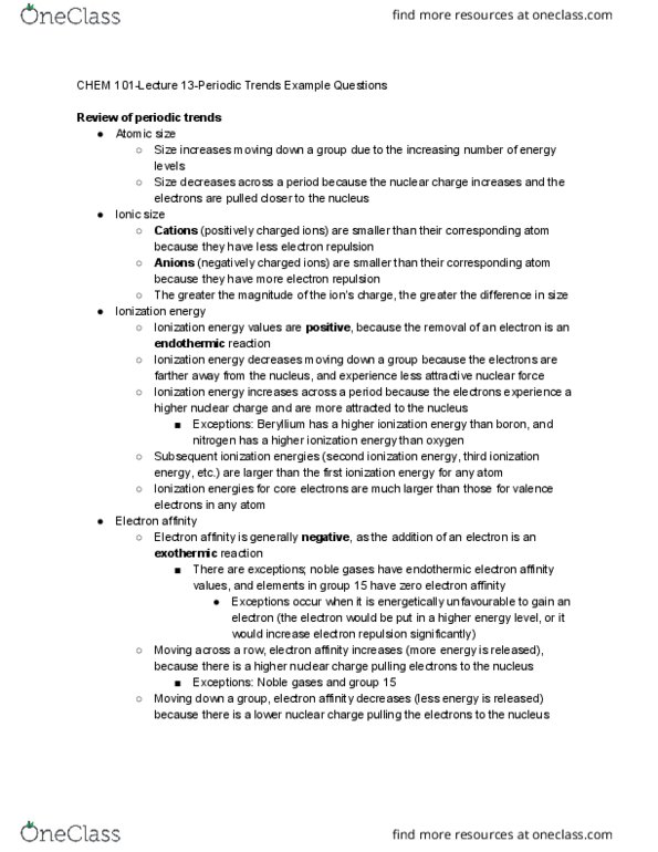 CHEM 101 Lecture Notes - Lecture 13: Atomic Radius, Fluorine, Electron Configuration cover image