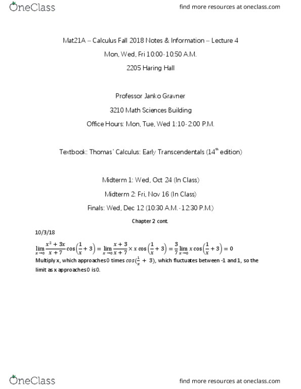 MAT 21A Lecture 4: MAT21A - Lecture 4 - Chapter 2 cover image