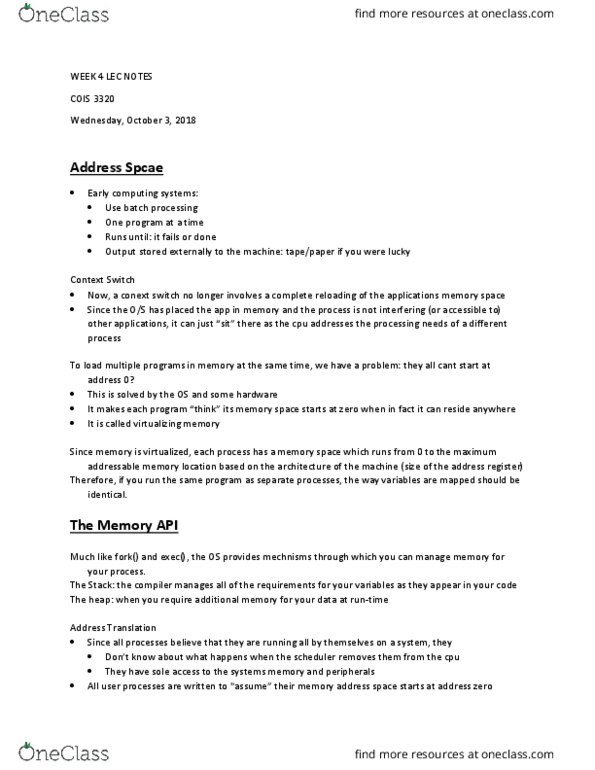 COIS 3320H Lecture Notes - Lecture 4: Computer Memory, Memory Address thumbnail