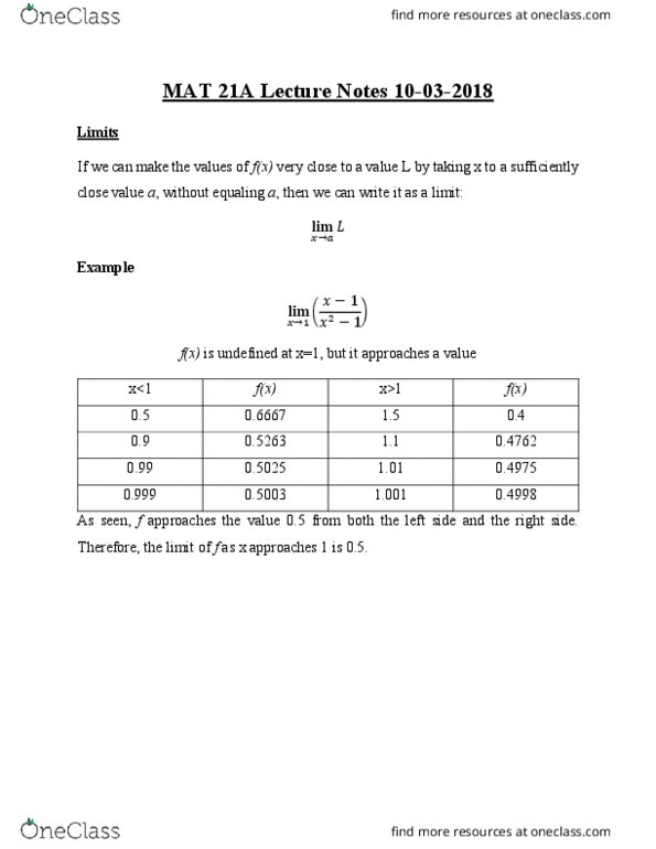 MAT 21A Lecture Notes - Lecture 3: Power Rule, Quotient Rule, Product Rule cover image