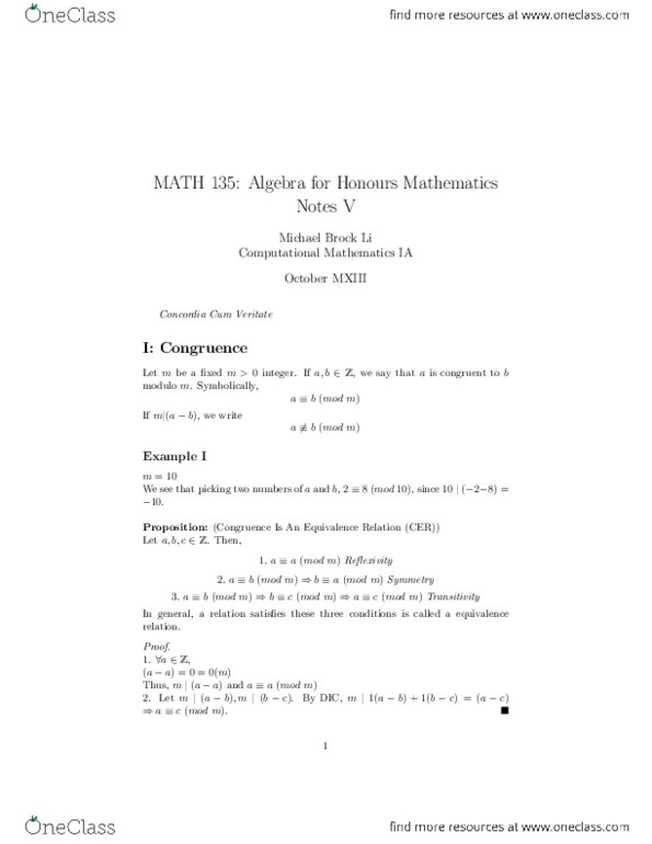 MATH135 Lecture Notes - Equivalence Class, Congruence (Geometry), Additive Inverse thumbnail