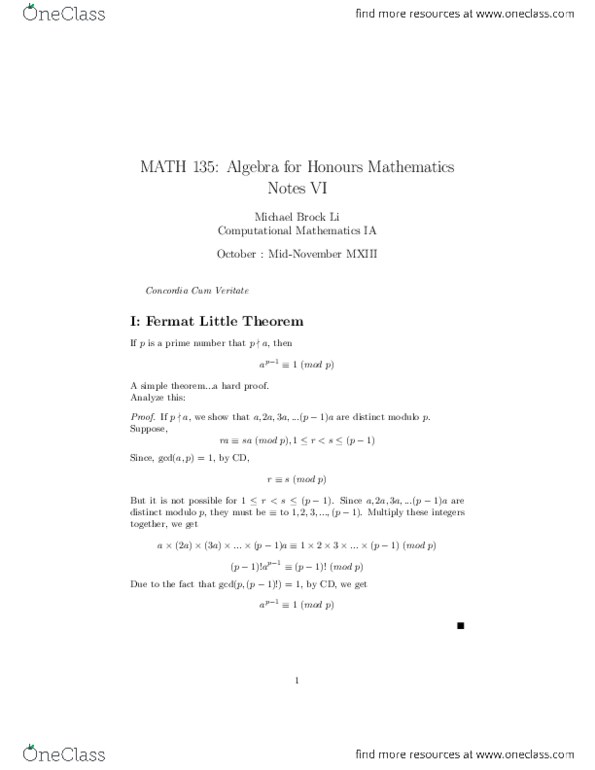 MATH135 Lecture Notes - Chinese Remainder Theorem, Prime Number thumbnail