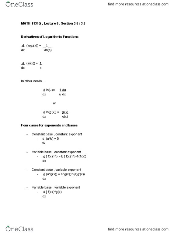 MATH 1131Q Lecture Notes - Lecture 6: Differential Equation, Logarithmic Differentiation cover image