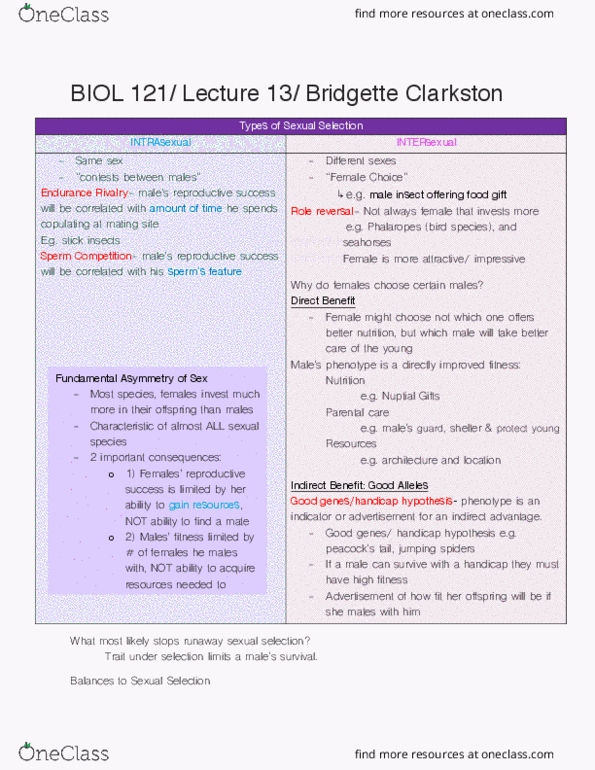 BIOL 121 Lecture Notes - Lecture 13: Natural Selection, Handicap Principle, Role Reversal thumbnail