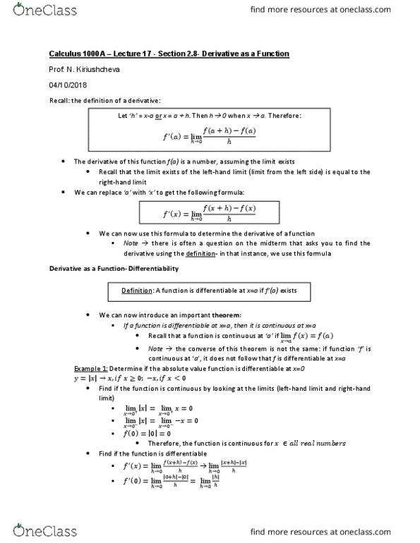 Calculus 1000A/B Lecture 17: Calculus 1000 A -Lecture 17- Section 2.8 cover image