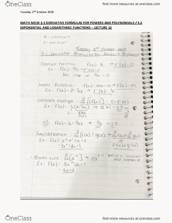 MATH-M 119 Lecture 12: MATH-M119 LECTURE 12 - 3.1 DERIVATIVE FORMULAS FOR POWERS AND POLYNOMIALS AND 3.2 EXPONENTIAL AND LOGARITHMIC FUNCTIONS cover image