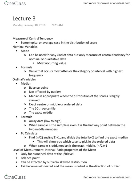 Sociology 2205A/B Lecture Notes - Lecture 3: Interval Ratio, Interquartile Range, Skewness thumbnail