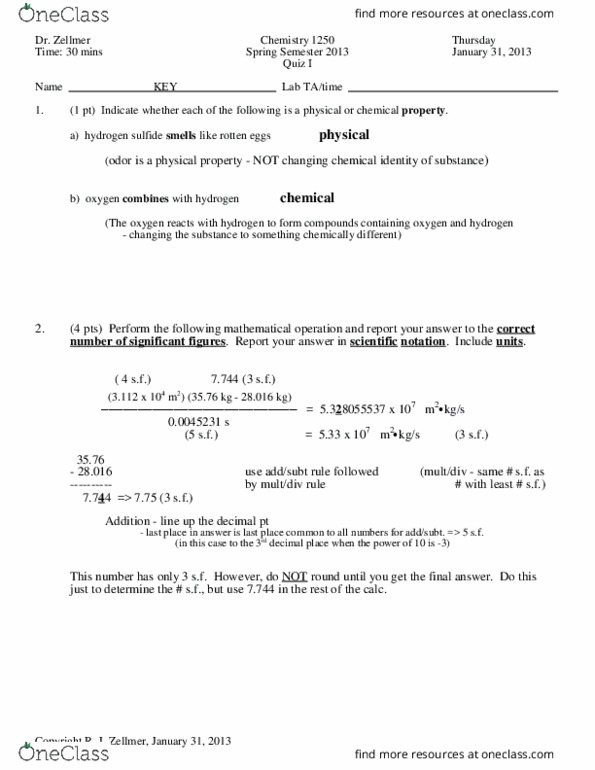 CHEM 1250 Study Guide - Fall 2018, Quiz - Dimensional Analysis, Unified ...