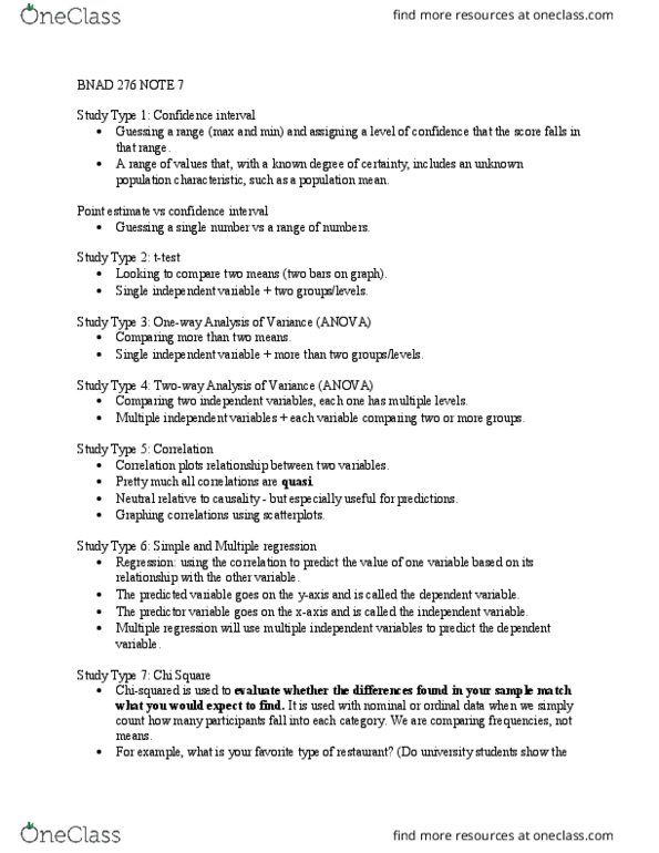 BNAD 276 Lecture Notes - Lecture 7: Confidence Interval, Analysis Of Variance, Dependent And Independent Variables thumbnail