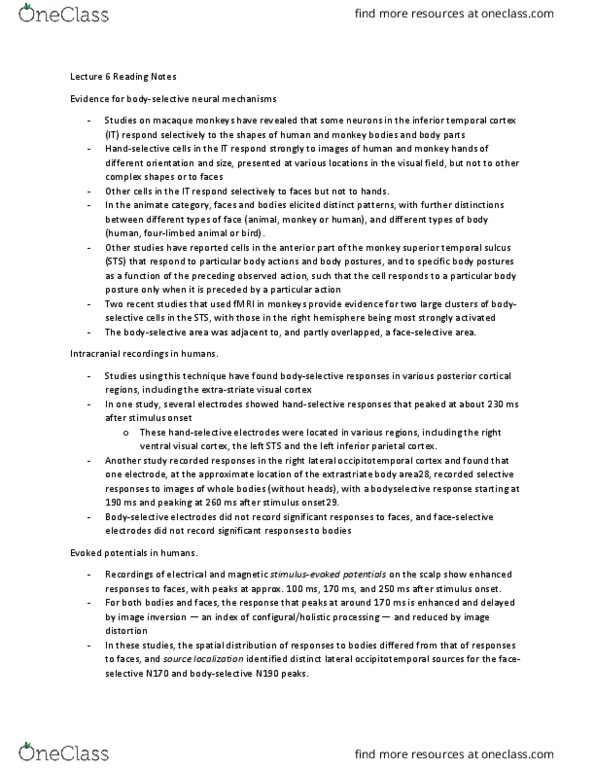 PSYC51H3 Chapter Notes - Chapter 6: Mirror Neuron, Prosopagnosia, Body Plan thumbnail