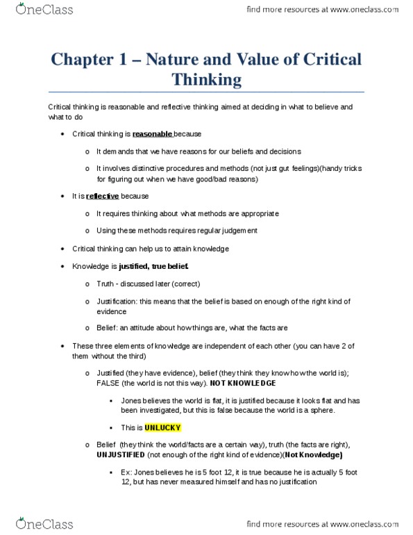 SSH 105 Chapter Notes - Chapter 1: Critical Thinking, Relativism thumbnail