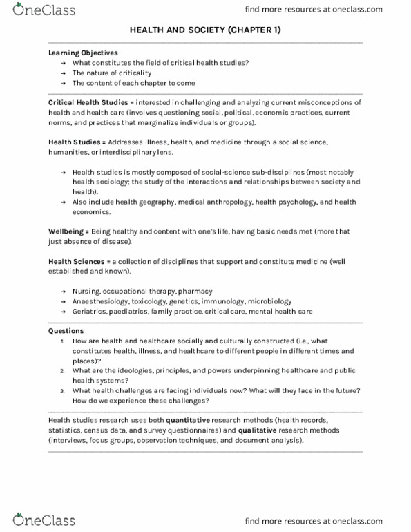 HLTA02H3 Chapter Notes - Chapter 1: Medical Sociology, Health Geography, Pediatrics thumbnail