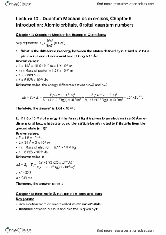 CHEM 121 Lecture Notes - Lecture 10: Spherical Coordinate System, Principal Quantum Number, Angular Momentum cover image