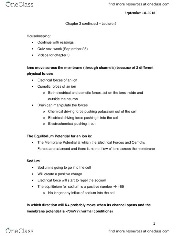 PSYO 1011 Lecture Notes - Lecture 5: Resting Potential, Channel Types, Membrane Potential cover image