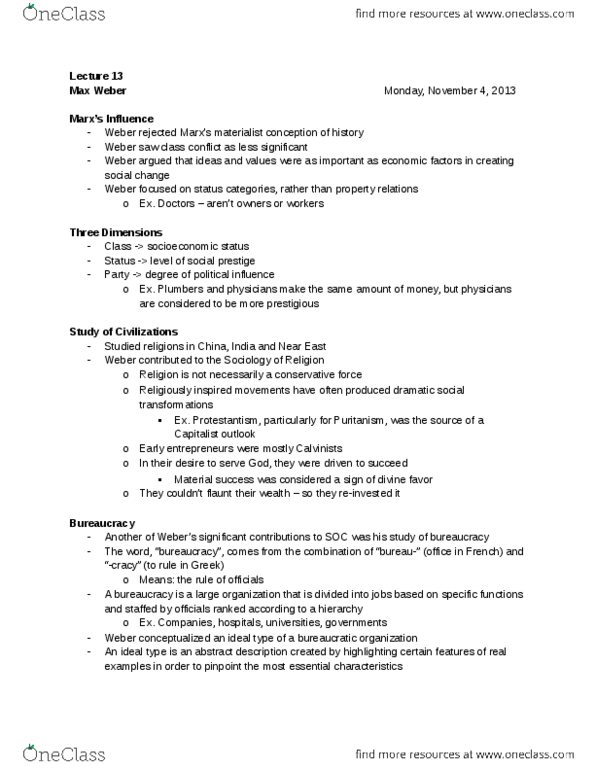 SOC 1101 Lecture Notes - Lecture 13: Conservative Force, Calvinism, Class Conflict thumbnail