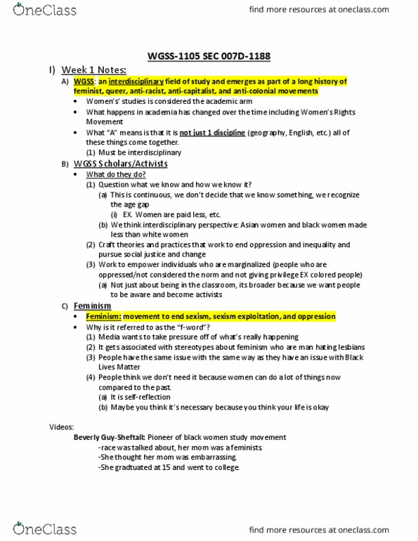 WGSS 1105 Lecture Notes - Lecture 1: Critical Pedagogy, Eugenics, Lavender Menace thumbnail