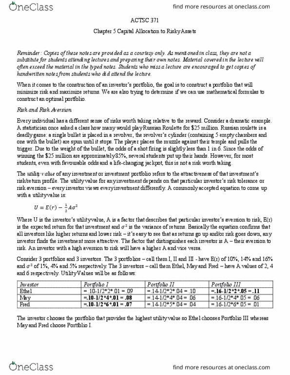 ACTSC371 Chapter Notes - Chapter 5: Sharpe Ratio, United States Treasury Security, Indifference Curve thumbnail