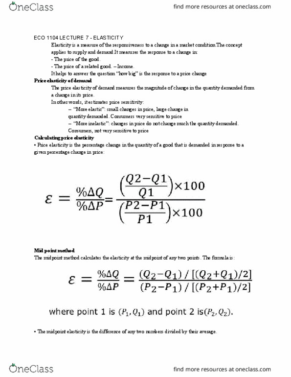 ECO 1104 Lecture Notes - Lecture 7: Demand Curve, Midpoint Method cover image