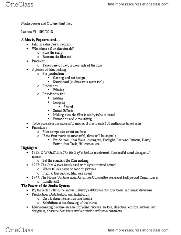 JMC 20001 Lecture Notes - Lecture 4: Block Booking, House Un-American Activities Committee, Scenic Design thumbnail