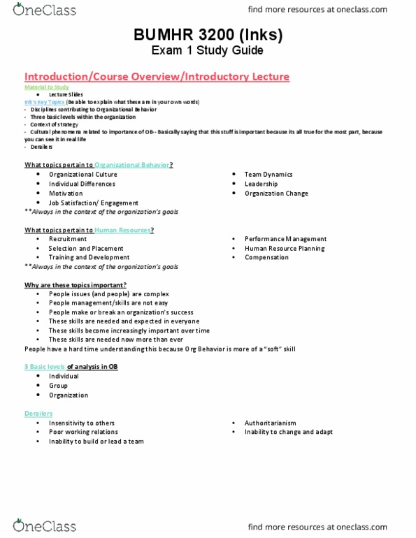 BUSMHR 3200 Final: BUSMHR 3200 Exam 1 Study Guide - OneClass