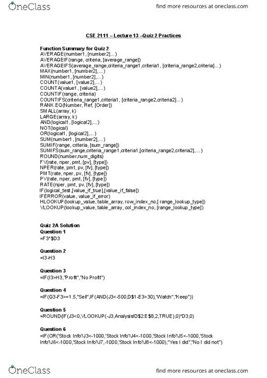 CSE 2111 Lecture 14: CSE 2111 – Lecture 13 –Quiz 2 Practice cover image