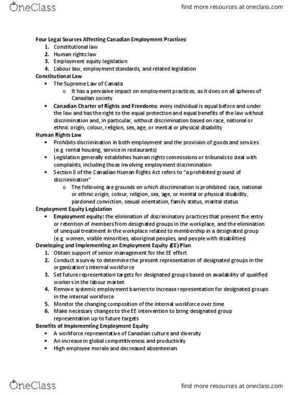 MHR 623 Lecture Notes - Lecture 3: Fide, Canadian Human Rights Act, Labour Law thumbnail